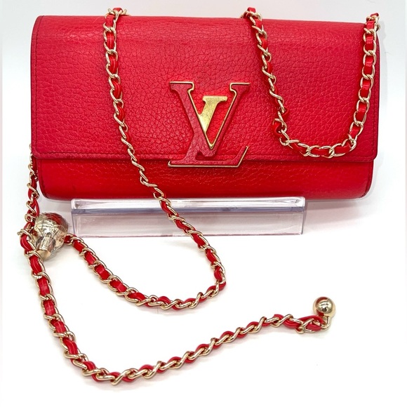 ♥️ Louis Vuitton Wallet Capucine Taurillon Leather Red Long with Box Chain Sarah - Picture 1 of 16